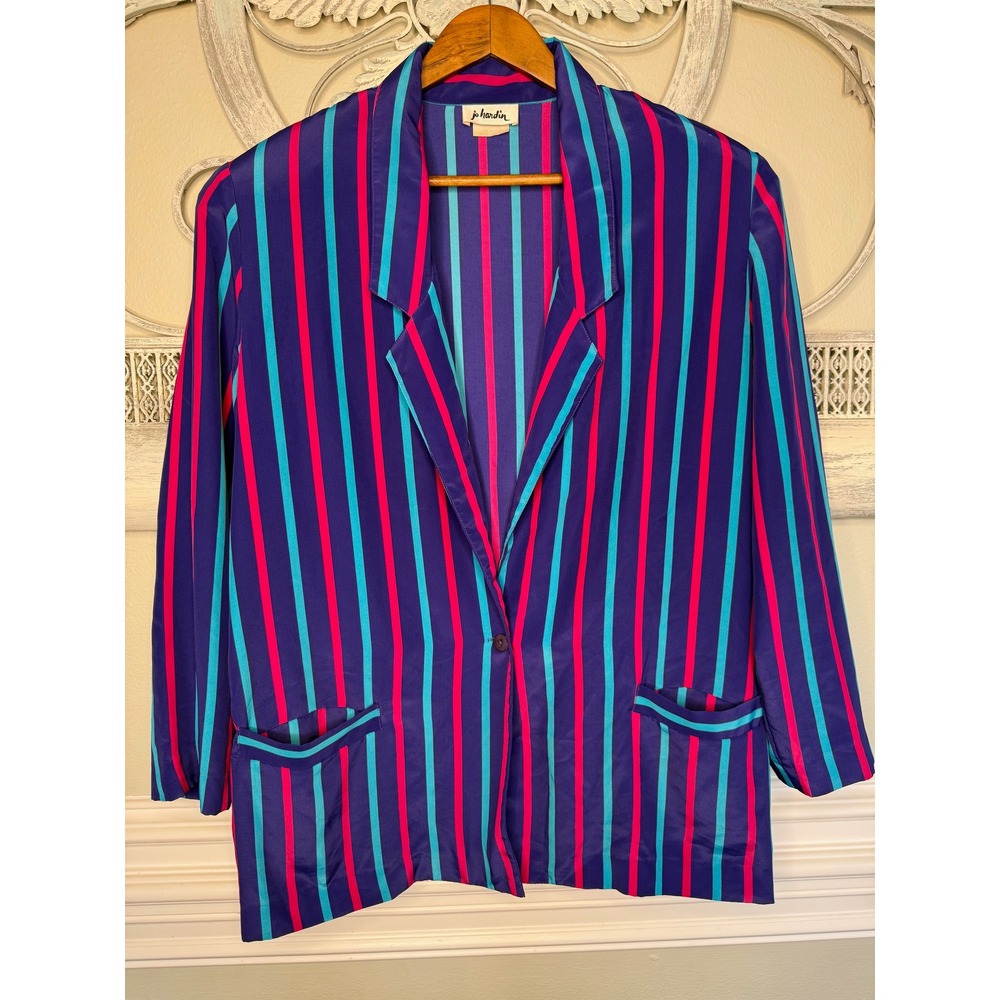 Vintage Jo Hardin 80s Striped Blazer Purple Pink Turquoise Made in USA Size 16